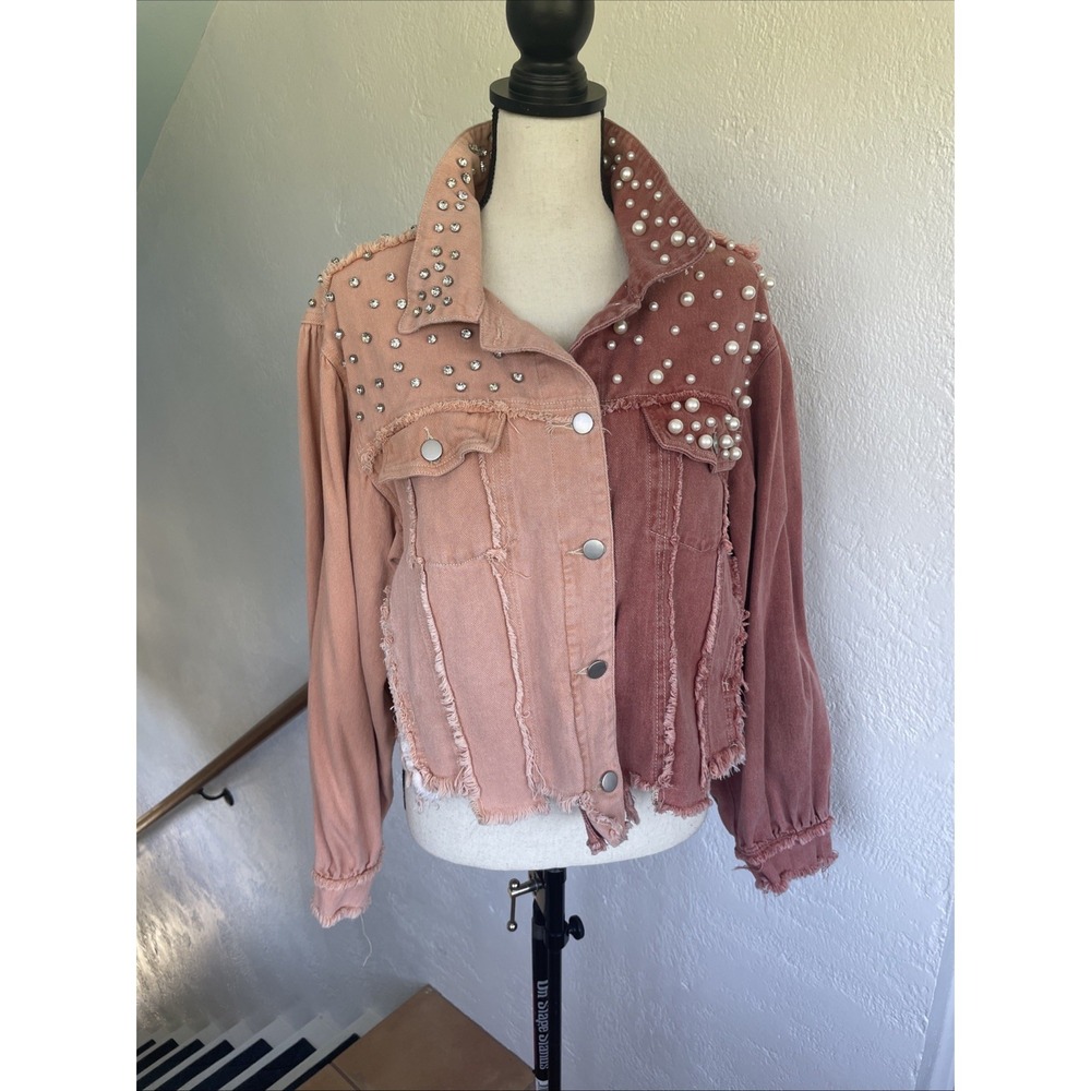 POL Pearl & Rhinestone NWOT Colorblock Pink & Raspberry Denim Jacket Oversized S - Picture 2 of 8